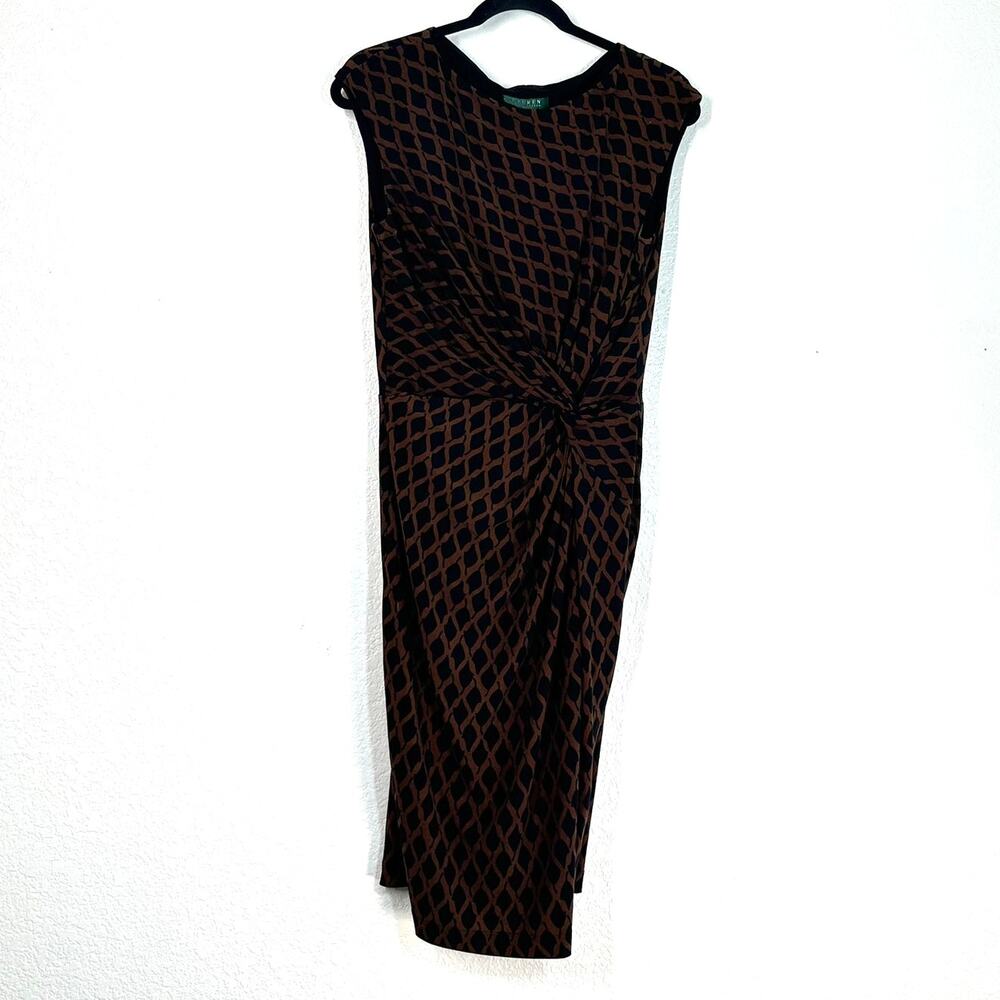 S-M Dress sleeveless black brown geometric midi Ralph Lauren Stretch Ruched